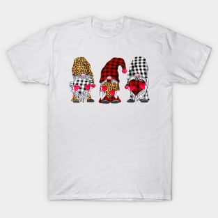 Three Gnomes  Holding Hearts Leopard Print Buffalo Plaid Valentines Day Shirt T-Shirt